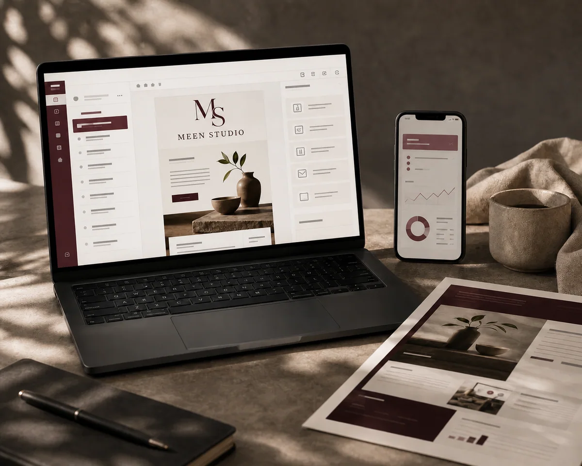 Editorial email marketing layouts presented across laptop, phone and printed pages